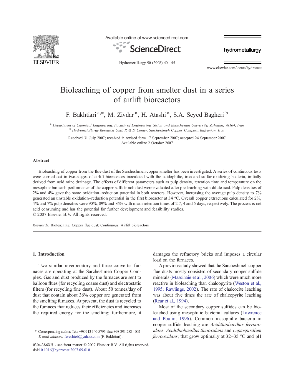 Bioleaching of copper from smelter dust in a series of airlift bioreactors