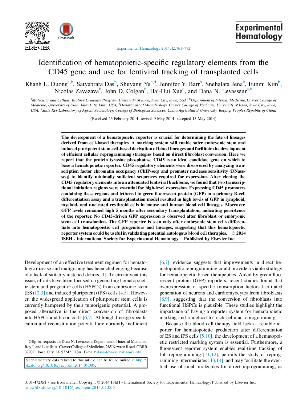 Identification of hematopoietic-specific regulatory elements from the CD45 gene and use for lentiviral tracking of transplanted cells