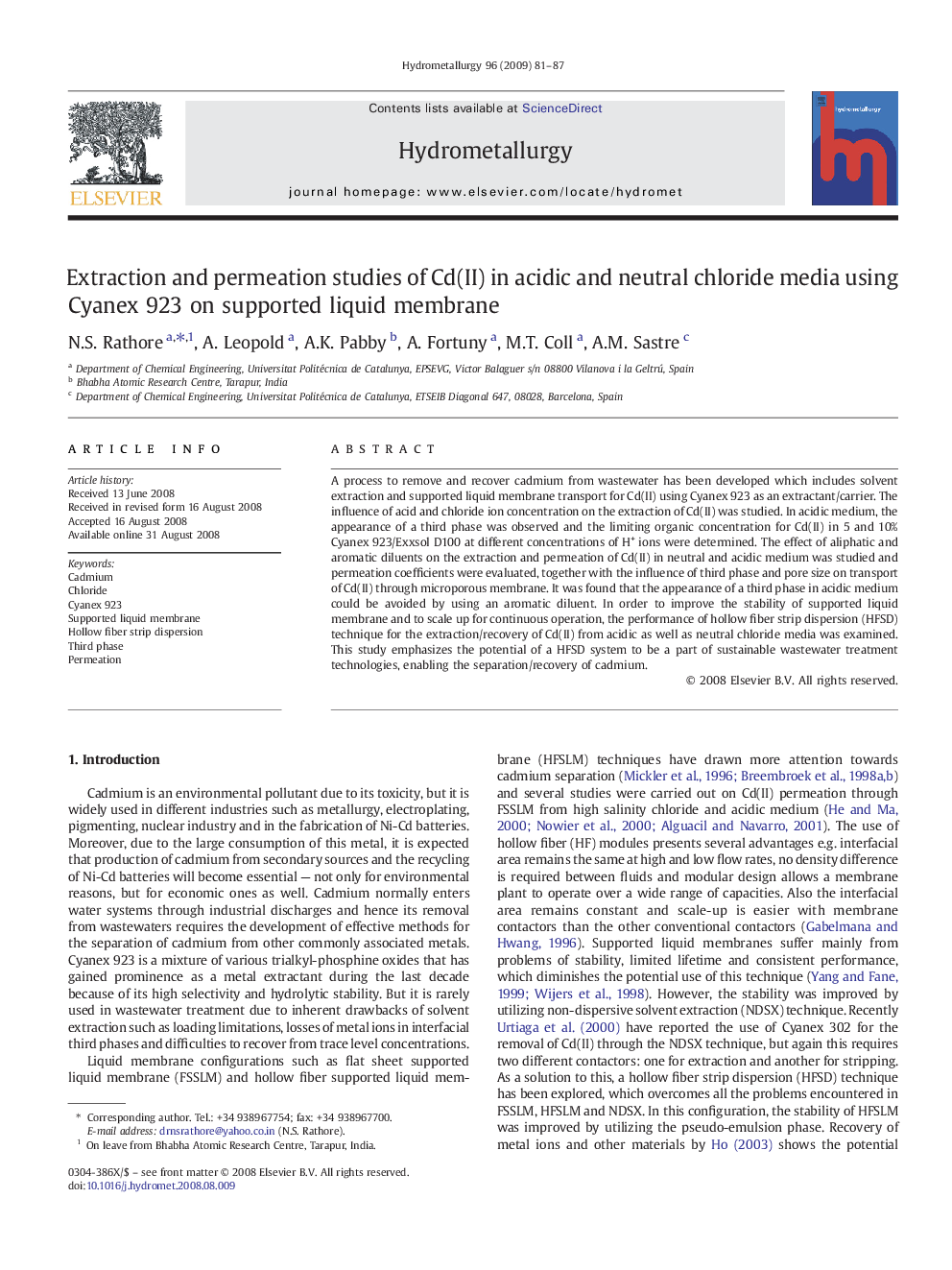 Extraction and permeation studies of Cd(II) in acidic and neutral chloride media using Cyanex 923 on supported liquid membrane