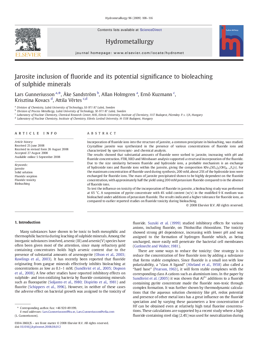 Jarosite inclusion of fluoride and its potential significance to bioleaching of sulphide minerals