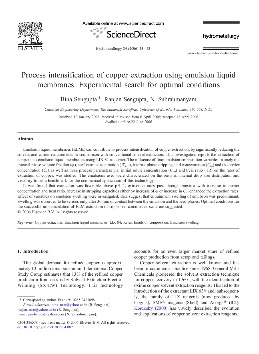 Process intensification of copper extraction using emulsion liquid membranes: Experimental search for optimal conditions