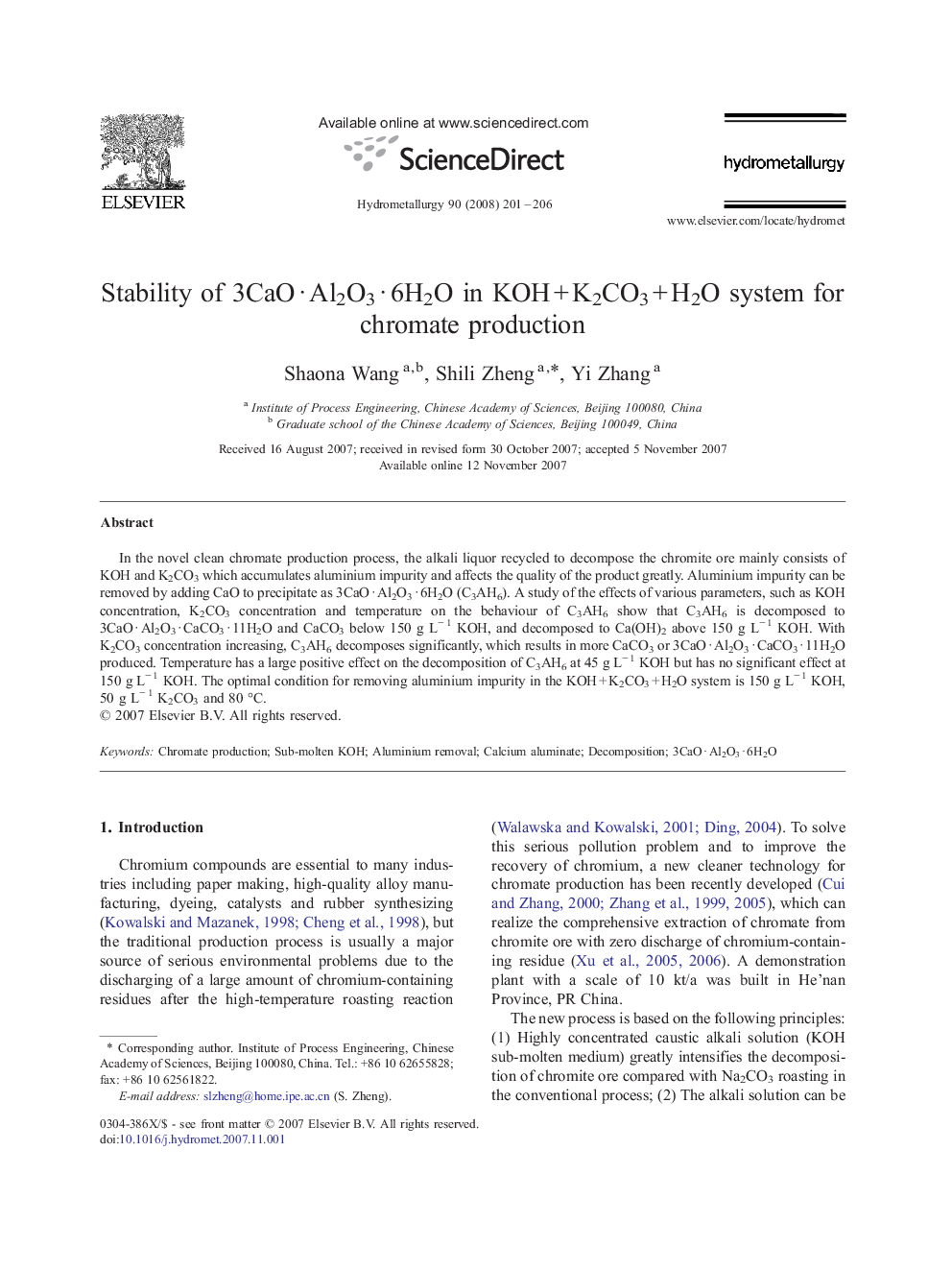 Stability of 3CaO · Al2O3 · 6H2O in KOH + K2CO3 + H2O system for chromate production