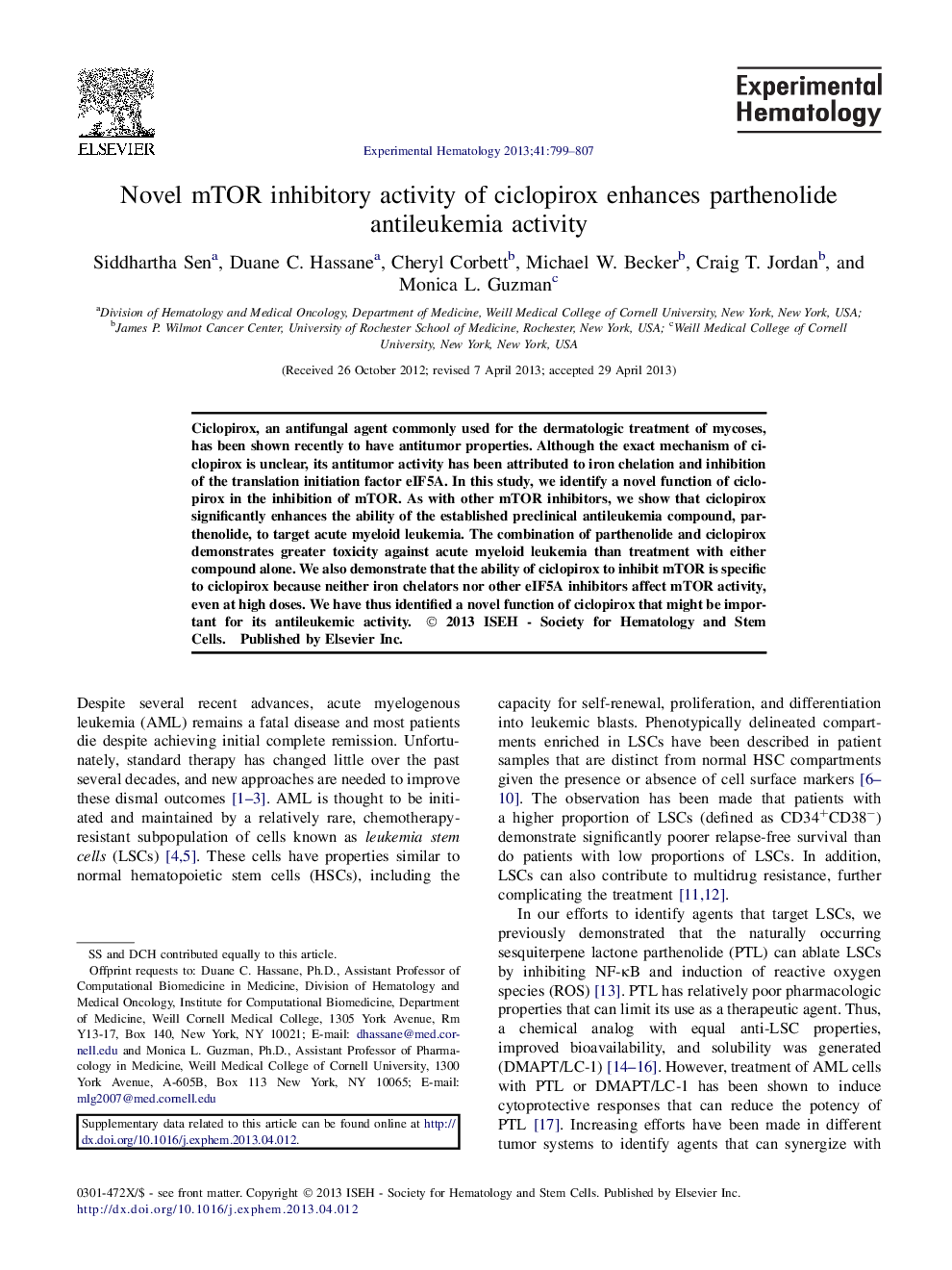 Novel mTOR inhibitory activity of ciclopirox enhances parthenolide antileukemia activity