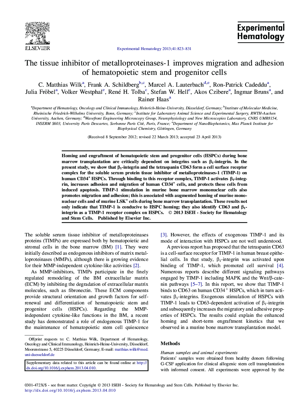 The tissue inhibitor of metalloproteinases-1 improves migration and adhesion of hematopoietic stem and progenitor cells