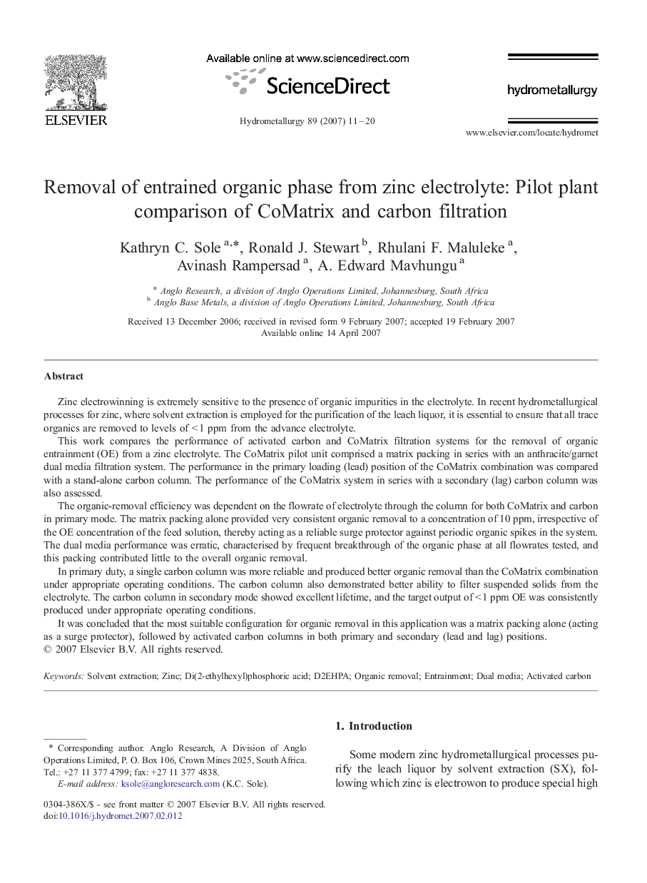 Removal of entrained organic phase from zinc electrolyte: Pilot plant comparison of CoMatrix and carbon filtration