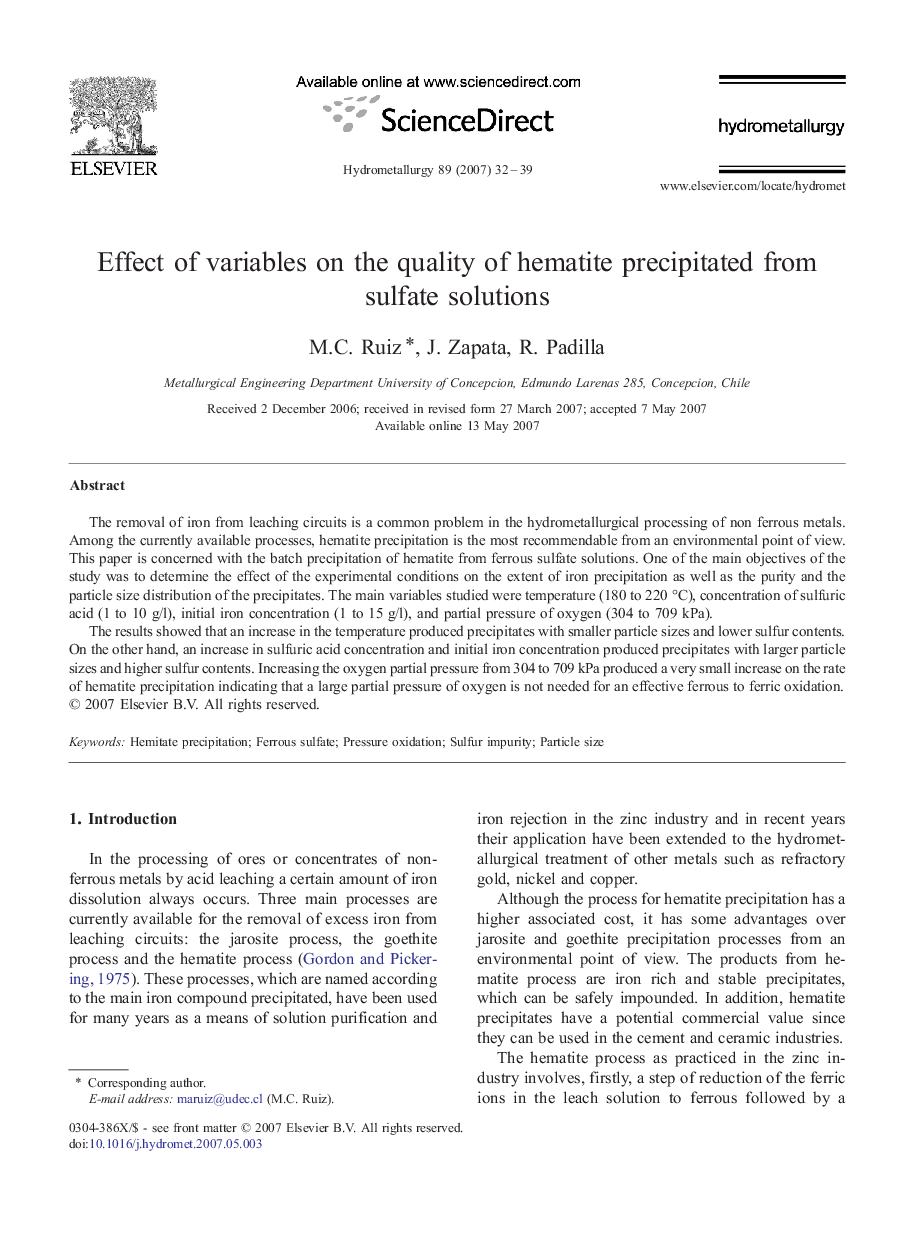 Effect of variables on the quality of hematite precipitated from sulfate solutions