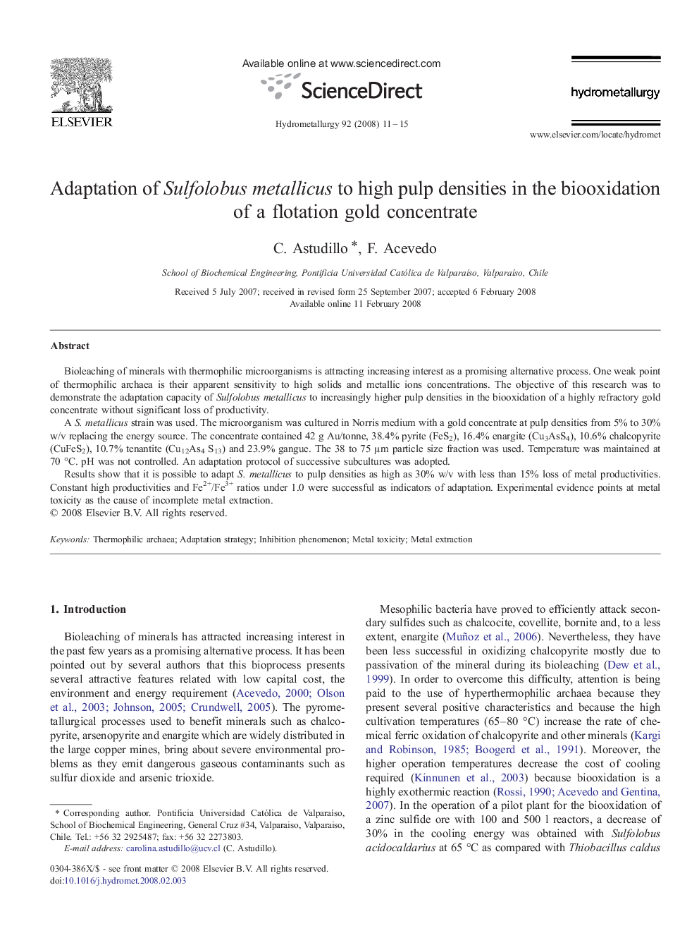 Adaptation of Sulfolobus metallicus to high pulp densities in the biooxidation of a flotation gold concentrate