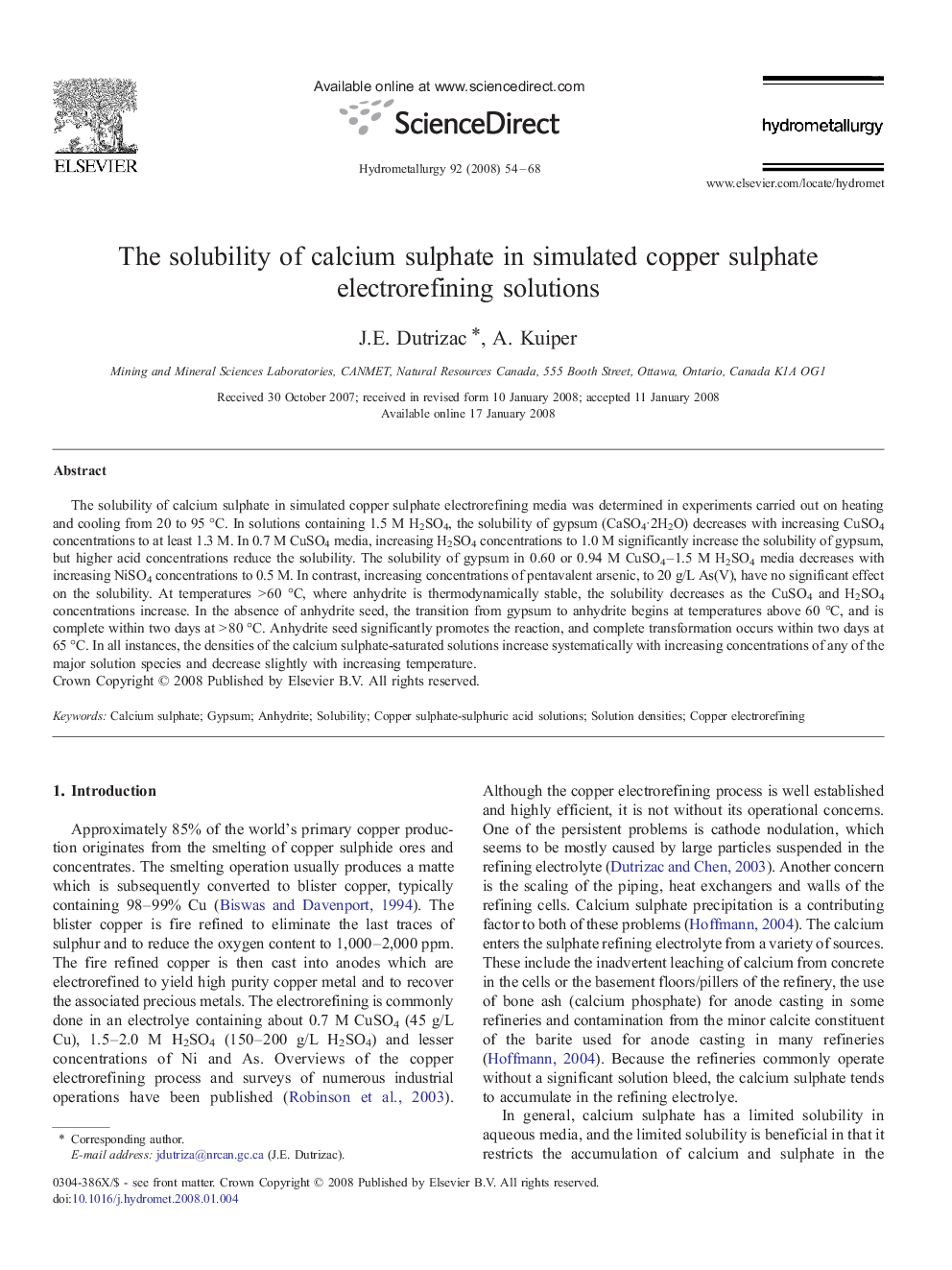 The solubility of calcium sulphate in simulated copper sulphate electrorefining solutions