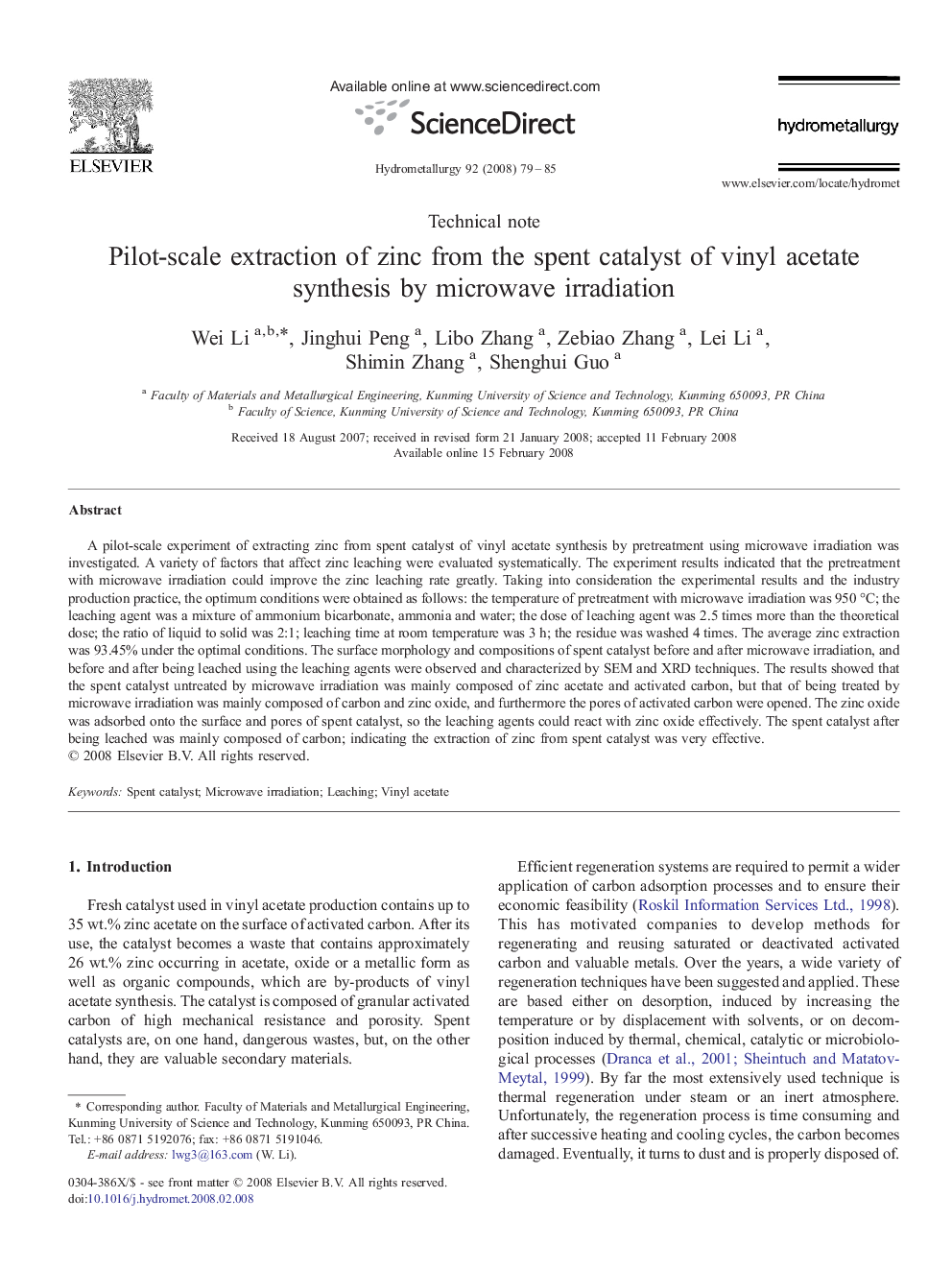 Pilot-scale extraction of zinc from the spent catalyst of vinyl acetate synthesis by microwave irradiation