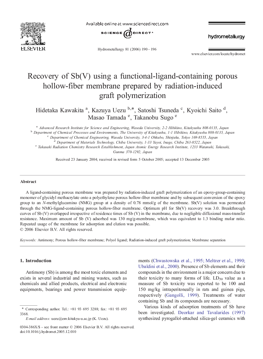 Recovery of Sb(V) using a functional-ligand-containing porous hollow-fiber membrane prepared by radiation-induced graft polymerization