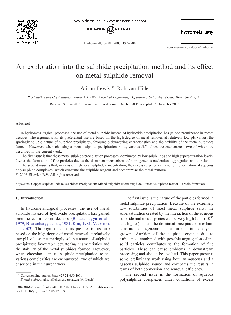 An exploration into the sulphide precipitation method and its effect on metal sulphide removal