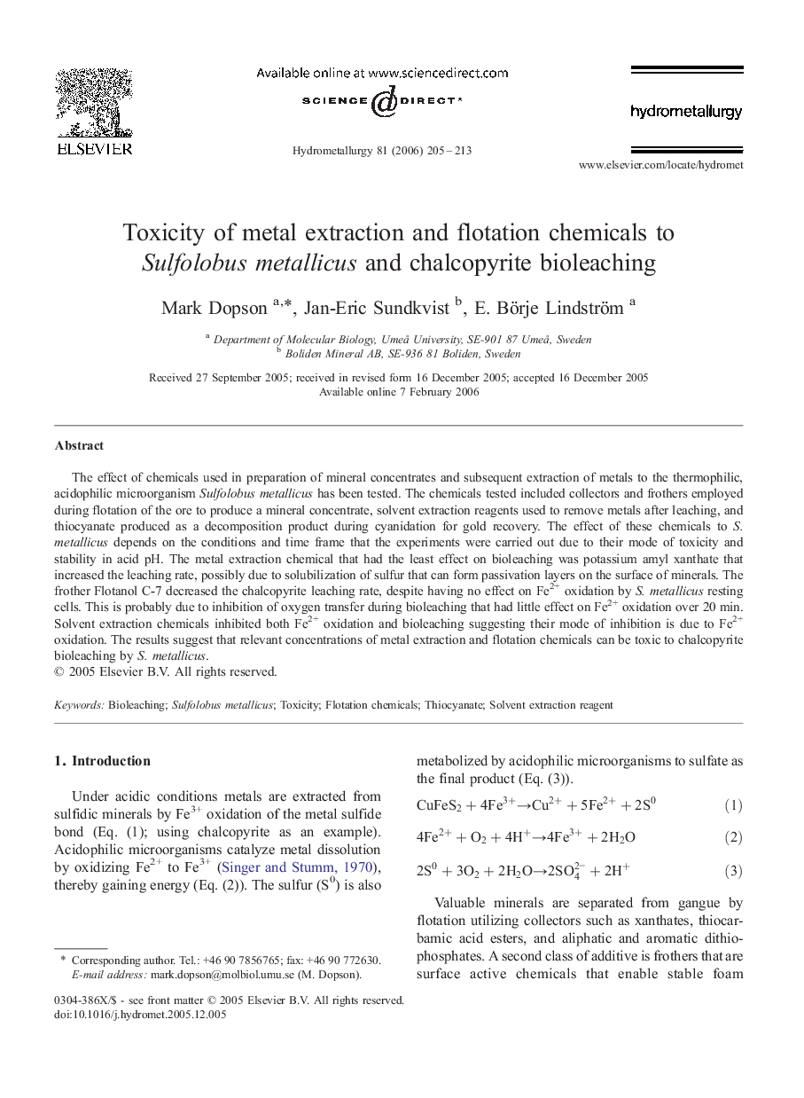 Toxicity of metal extraction and flotation chemicals to Sulfolobus metallicus and chalcopyrite bioleaching