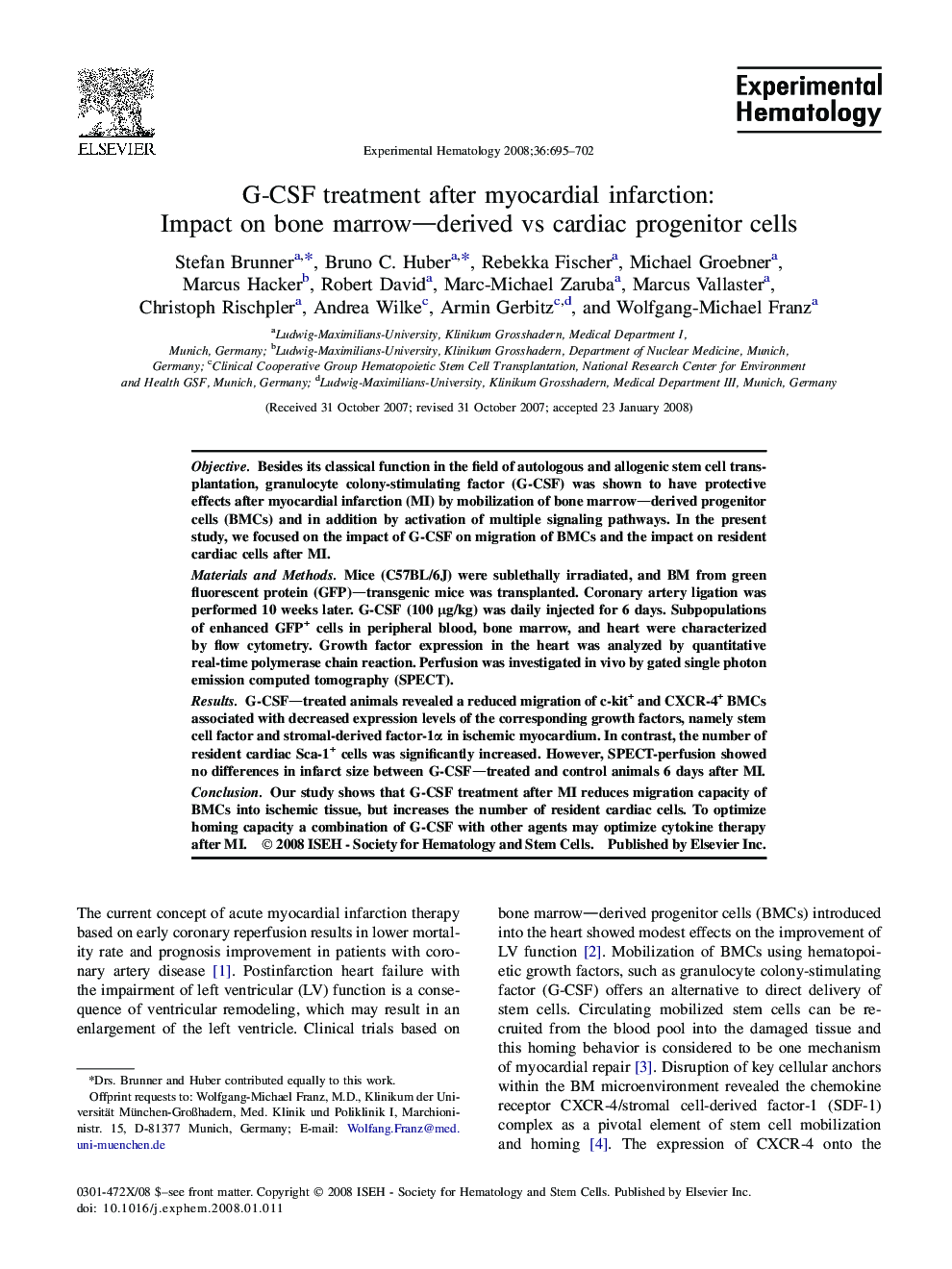 G-CSF treatment after myocardial infarction: Impact on bone marrow—derived vs cardiac progenitor cells