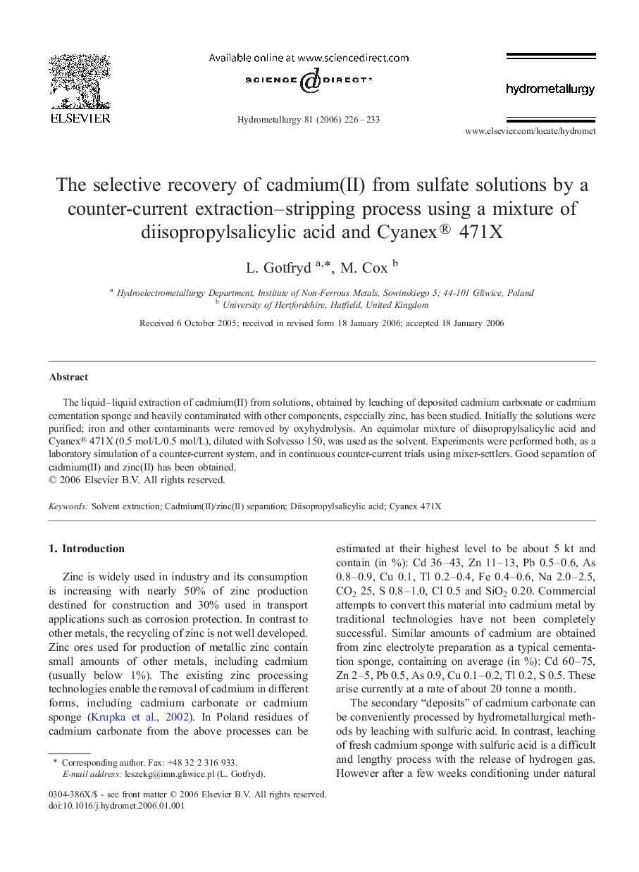 The selective recovery of cadmium(II) from sulfate solutions by a counter-current extraction–stripping process using a mixture of diisopropylsalicylic acid and Cyanex® 471X