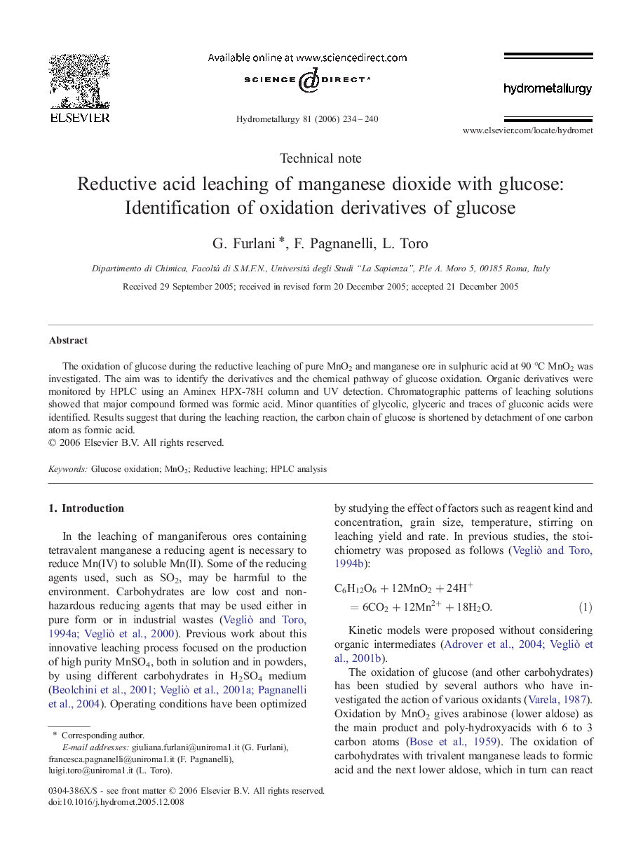 Reductive acid leaching of manganese dioxide with glucose: Identification of oxidation derivatives of glucose