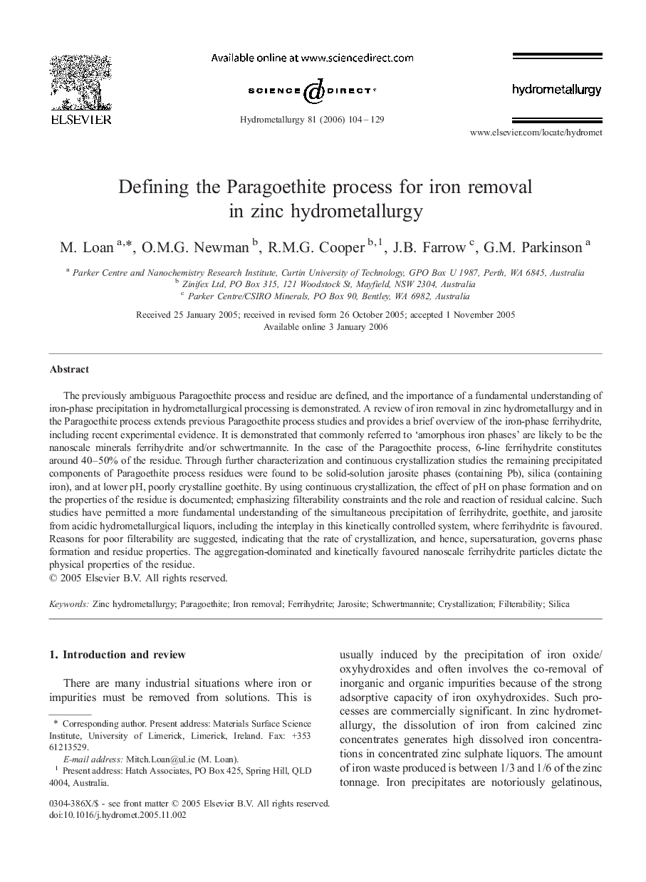 Defining the Paragoethite process for iron removal in zinc hydrometallurgy