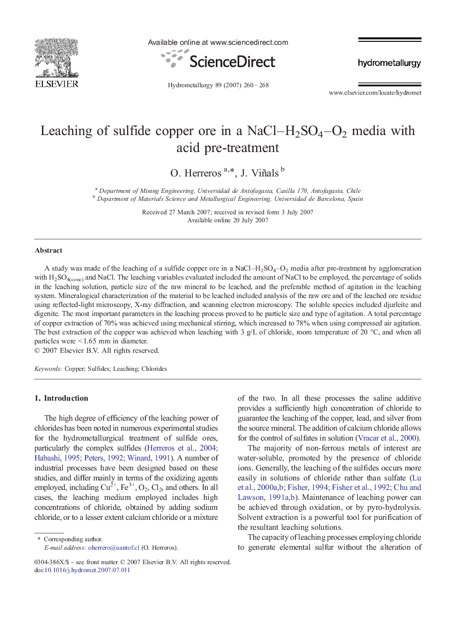 Leaching of sulfide copper ore in a NaCl–H2SO4–O2 media with acid pre-treatment