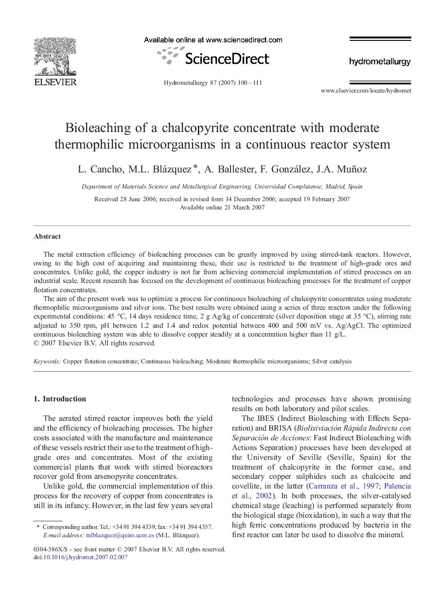 Bioleaching of a chalcopyrite concentrate with moderate thermophilic microorganisms in a continuous reactor system