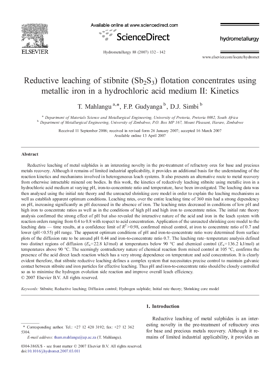 Reductive leaching of stibnite (Sb2S3) flotation concentrates using metallic iron in a hydrochloric acid medium II: Kinetics