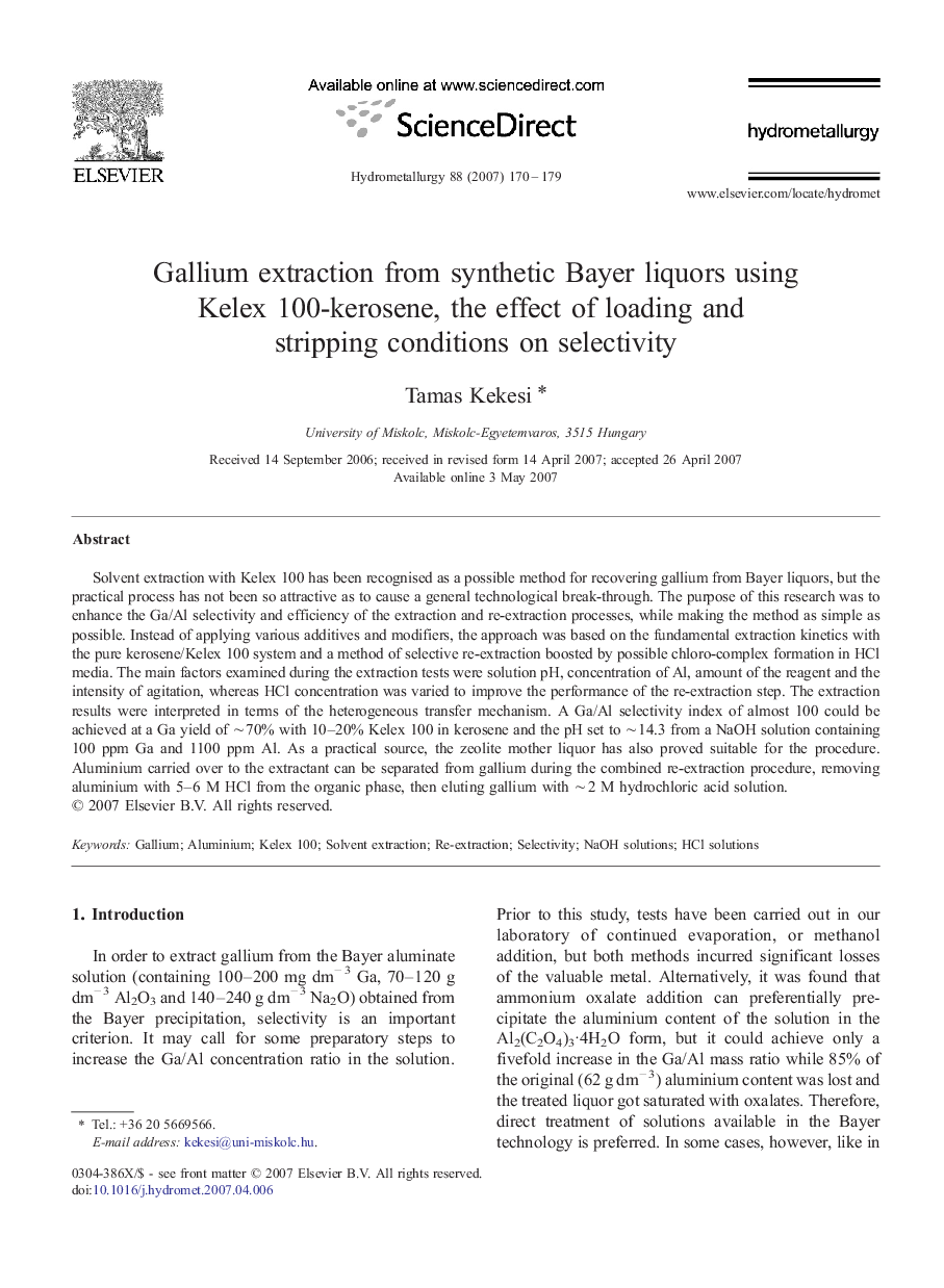 Gallium extraction from synthetic Bayer liquors using Kelex 100-kerosene, the effect of loading and stripping conditions on selectivity