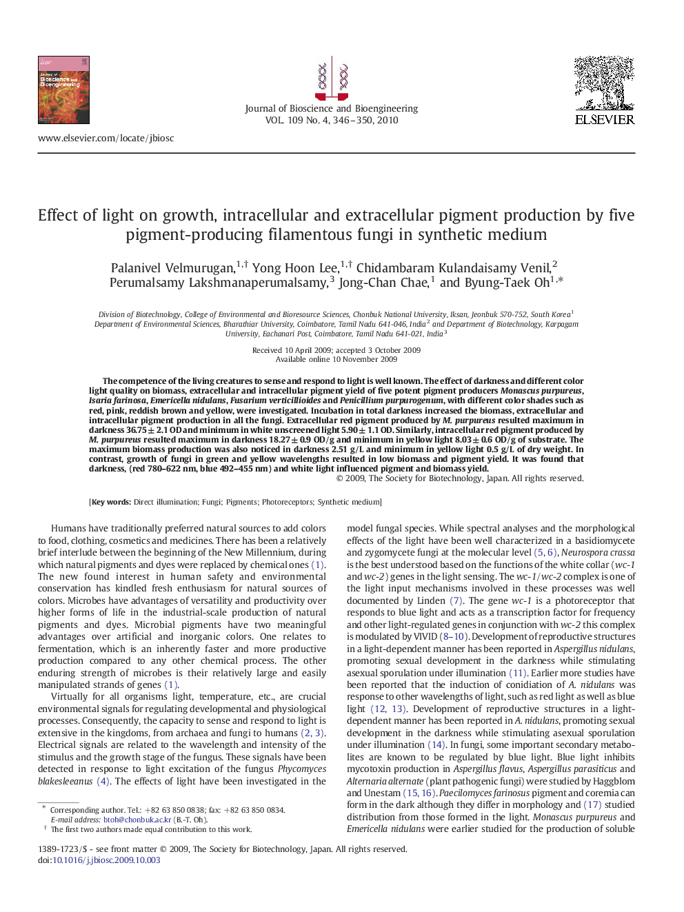 Effect of light on growth, intracellular and extracellular pigment production by five pigment-producing filamentous fungi in synthetic medium