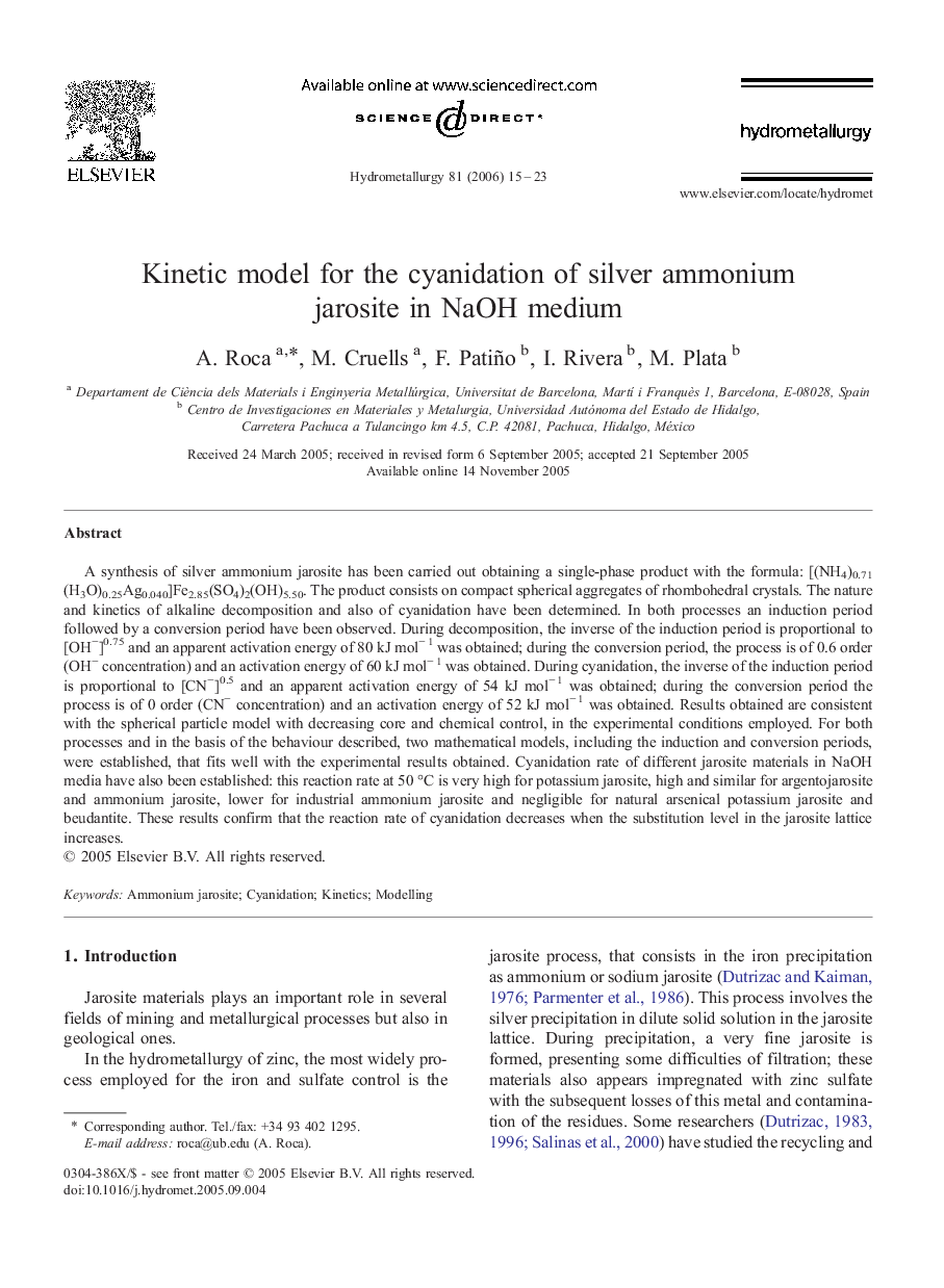 Kinetic model for the cyanidation of silver ammonium jarosite in NaOH medium