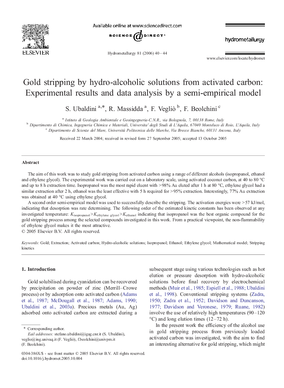 Gold stripping by hydro-alcoholic solutions from activated carbon: Experimental results and data analysis by a semi-empirical model