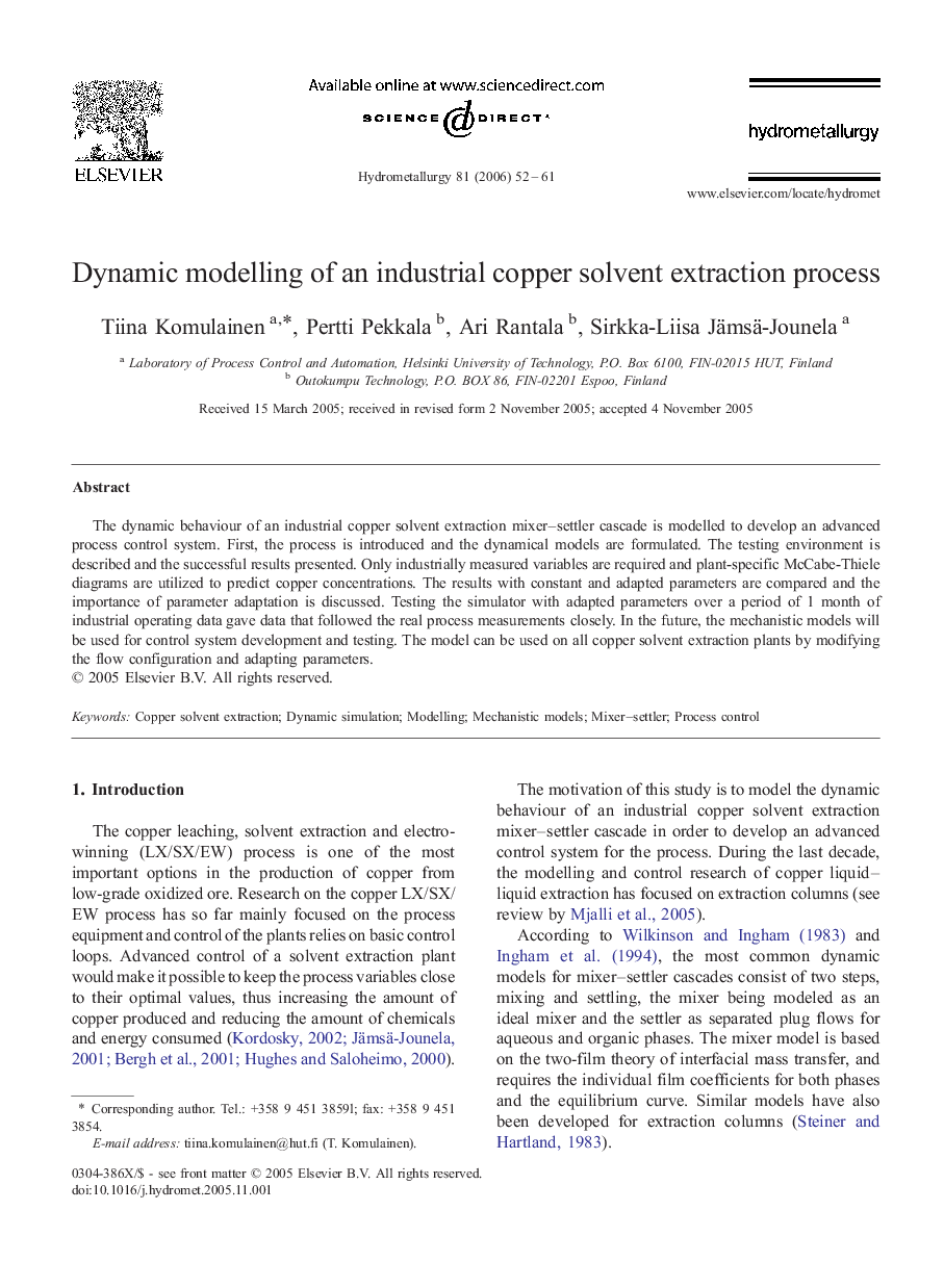 Dynamic modelling of an industrial copper solvent extraction process