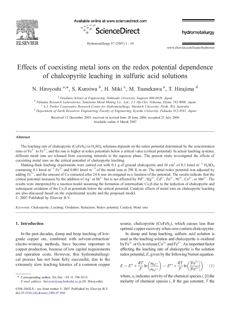 Effects of coexisting metal ions on the redox potential dependence of chalcopyrite leaching in sulfuric acid solutions