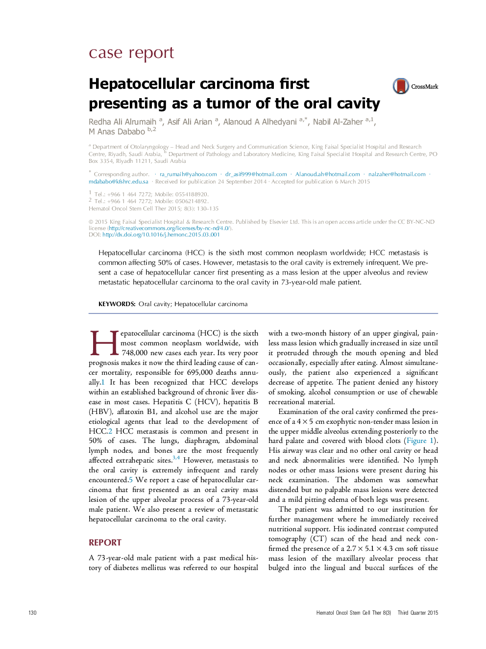 Hepatocellular carcinoma first presenting as a tumor of the oral cavity