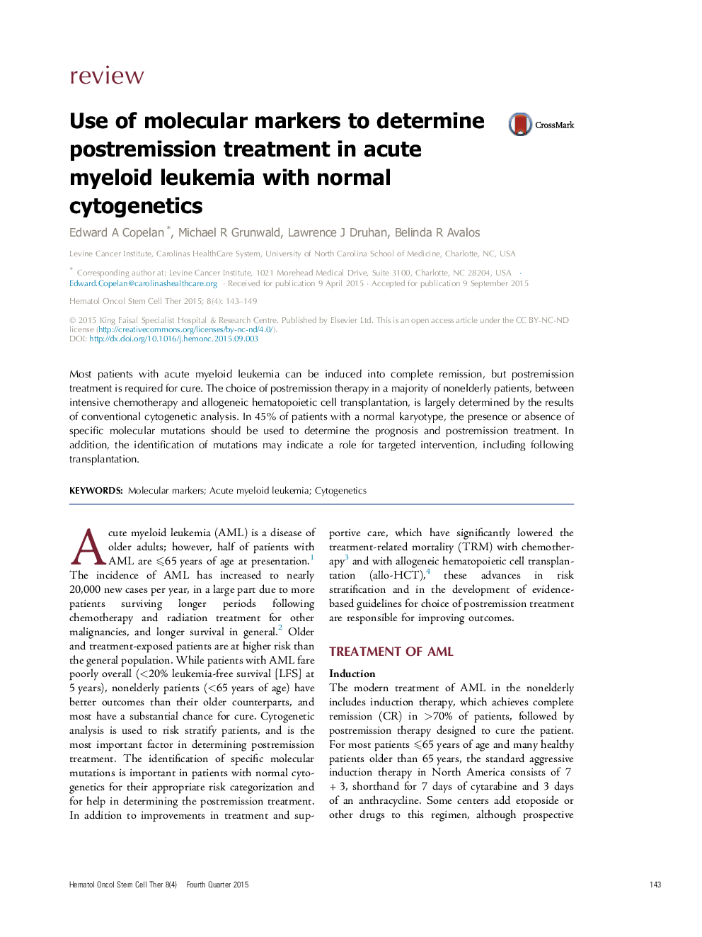 Use of molecular markers to determine postremission treatment in acute myeloid leukemia with normal cytogenetics