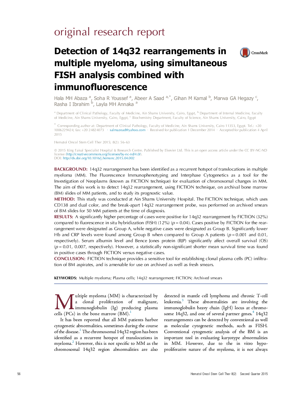 Detection of 14q32 rearrangements in multiple myeloma, using simultaneous FISH analysis combined with immunofluorescence