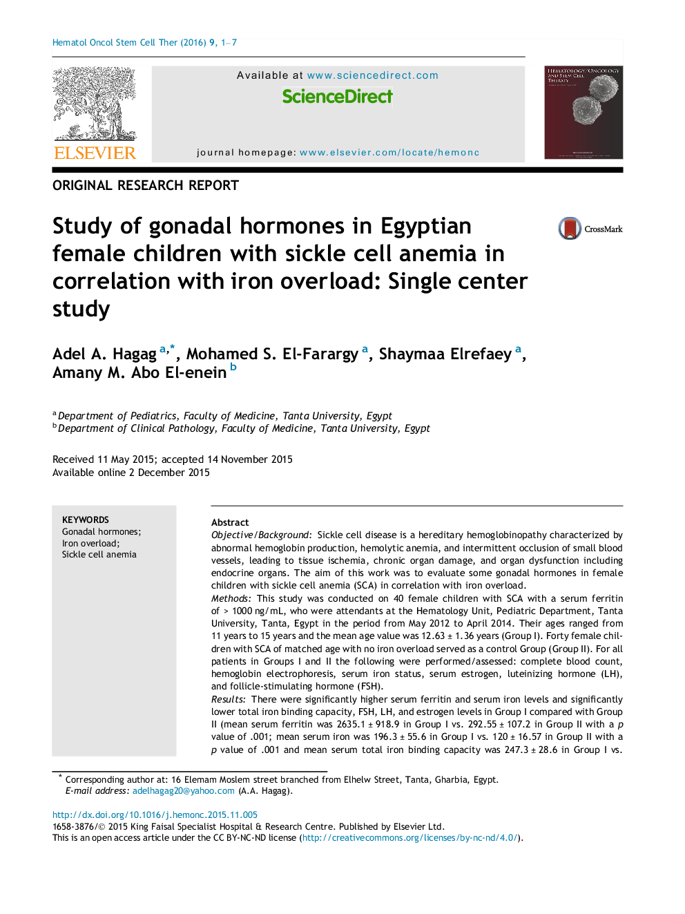 Study of gonadal hormones in Egyptian female children with sickle cell anemia in correlation with iron overload: Single center study 