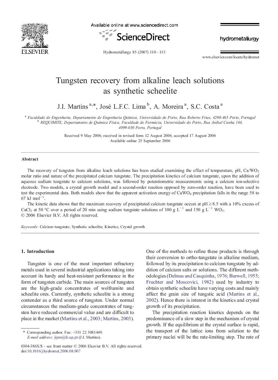 Tungsten recovery from alkaline leach solutions as synthetic scheelite