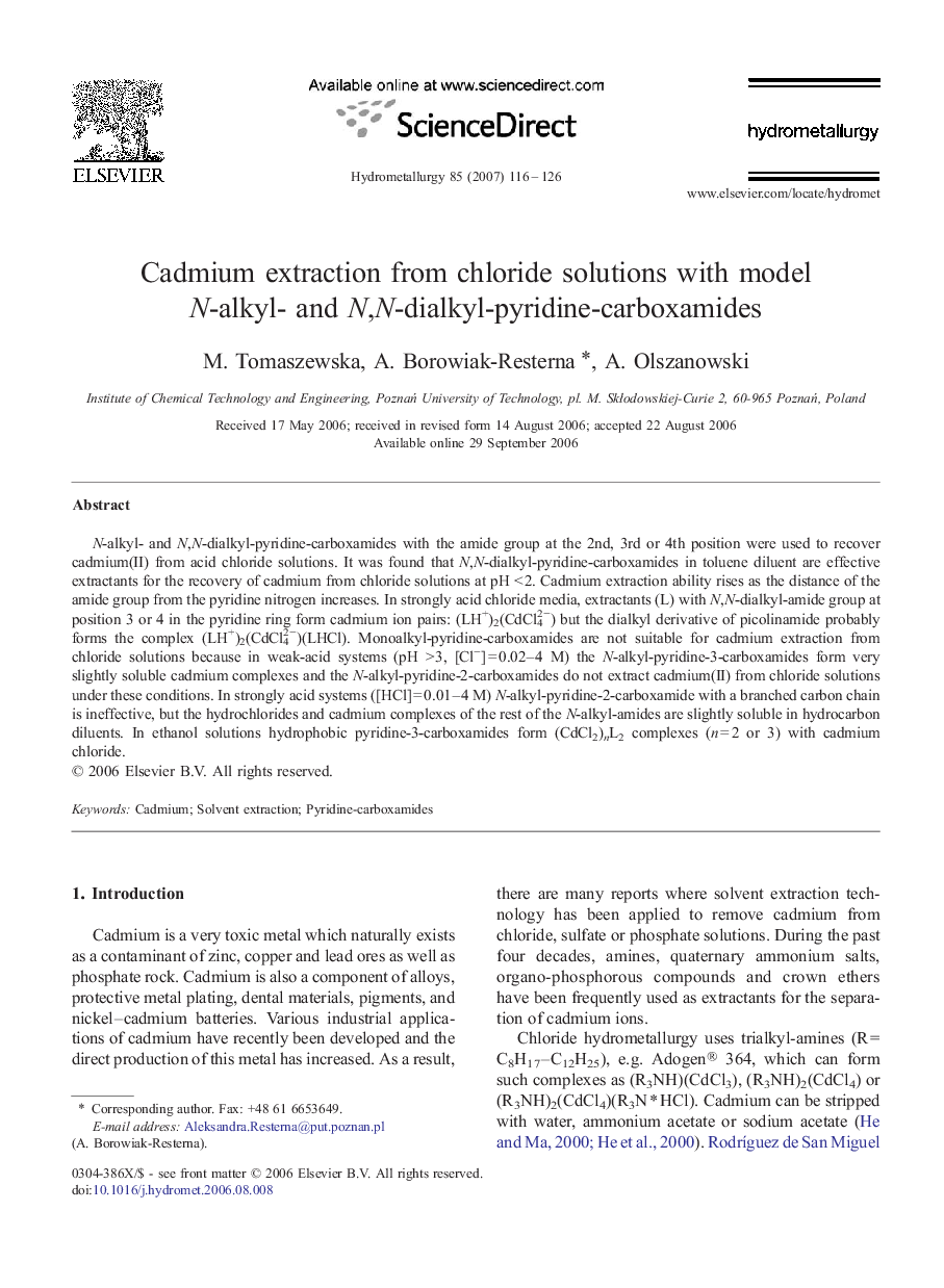 Cadmium extraction from chloride solutions with model N-alkyl- and N,N-dialkyl-pyridine-carboxamides