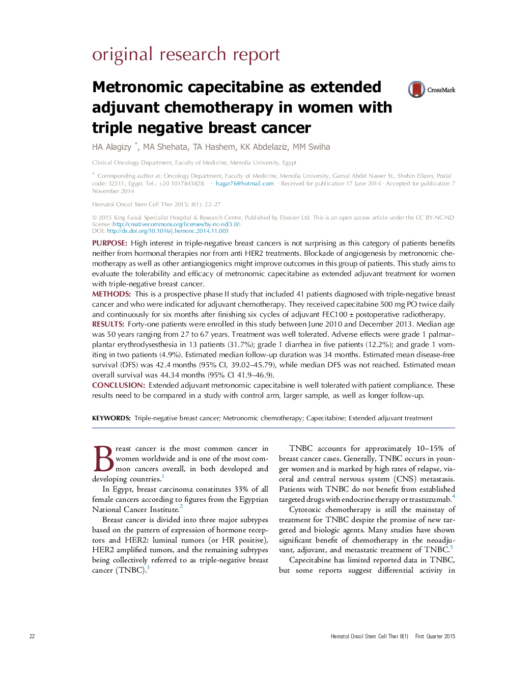 Metronomic capecitabine as extended adjuvant chemotherapy in women with triple negative breast cancer