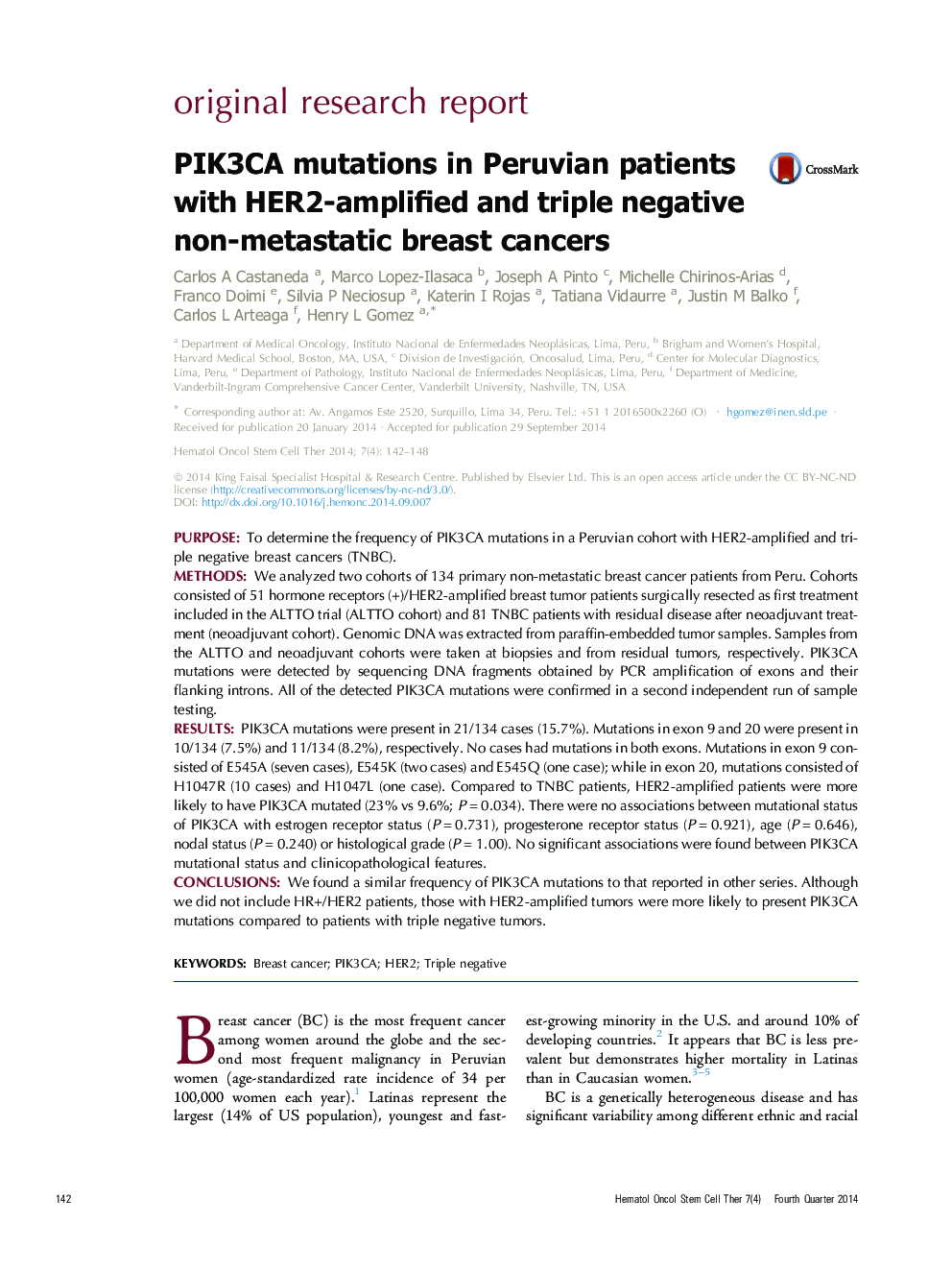 PIK3CA mutations in Peruvian patients with HER2-amplified and triple negative non-metastatic breast cancers