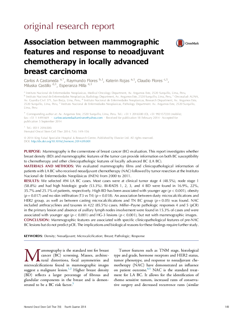 Association between mammographic features and response to neoadjuvant chemotherapy in locally advanced breast carcinoma