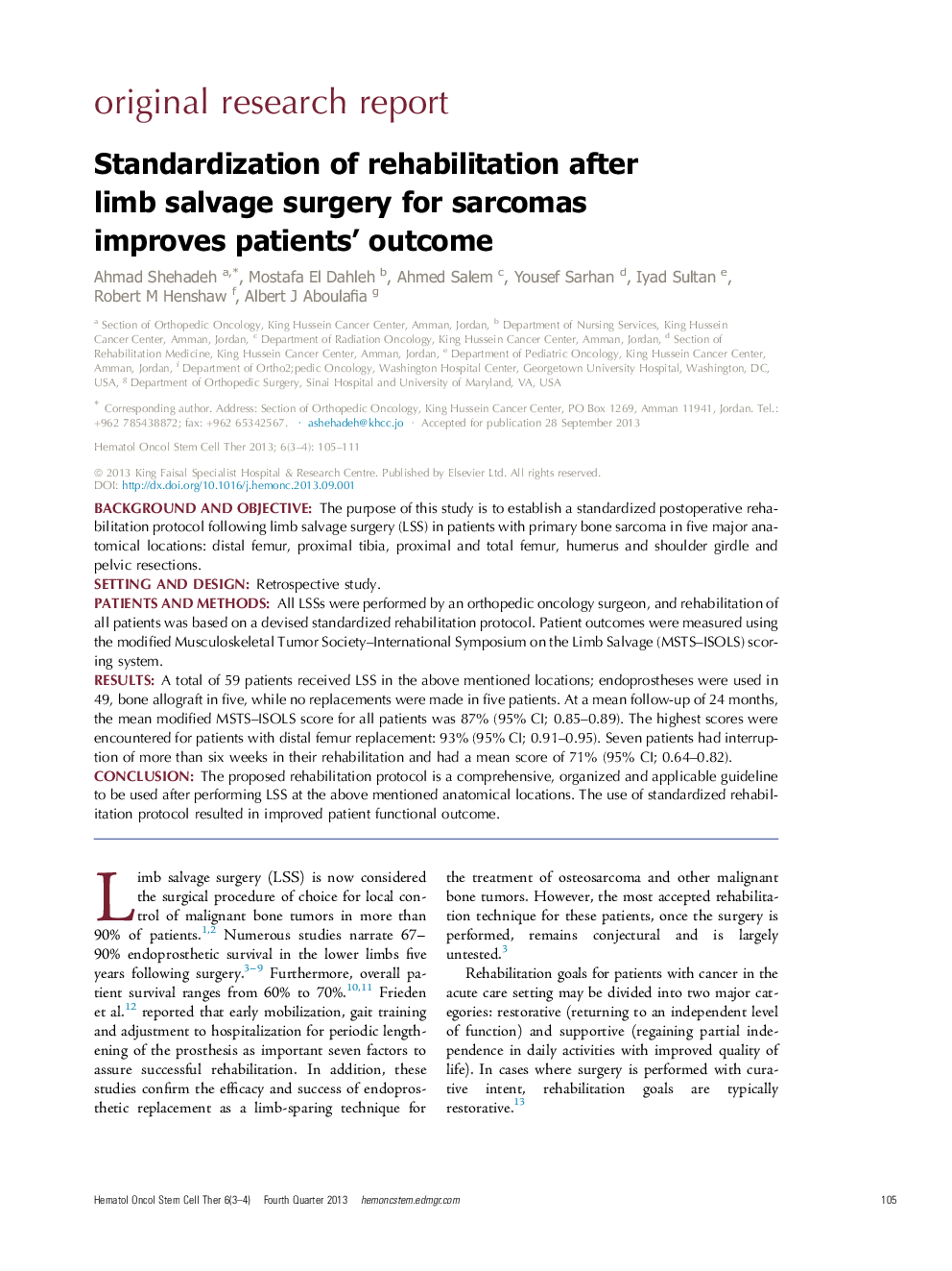 Standardization of rehabilitation after limb salvage surgery for sarcomas improves patients’ outcome