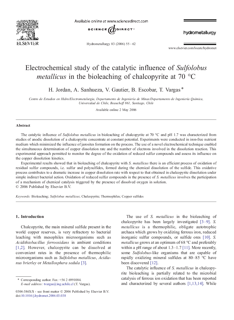 Electrochemical study of the catalytic influence of Sulfolobus metallicus in the bioleaching of chalcopyrite at 70 °C
