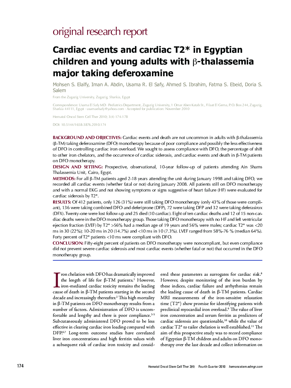 Cardiac events and cardiac T2* in Egyptian children and young adults with β-thalassemia major taking deferoxamine