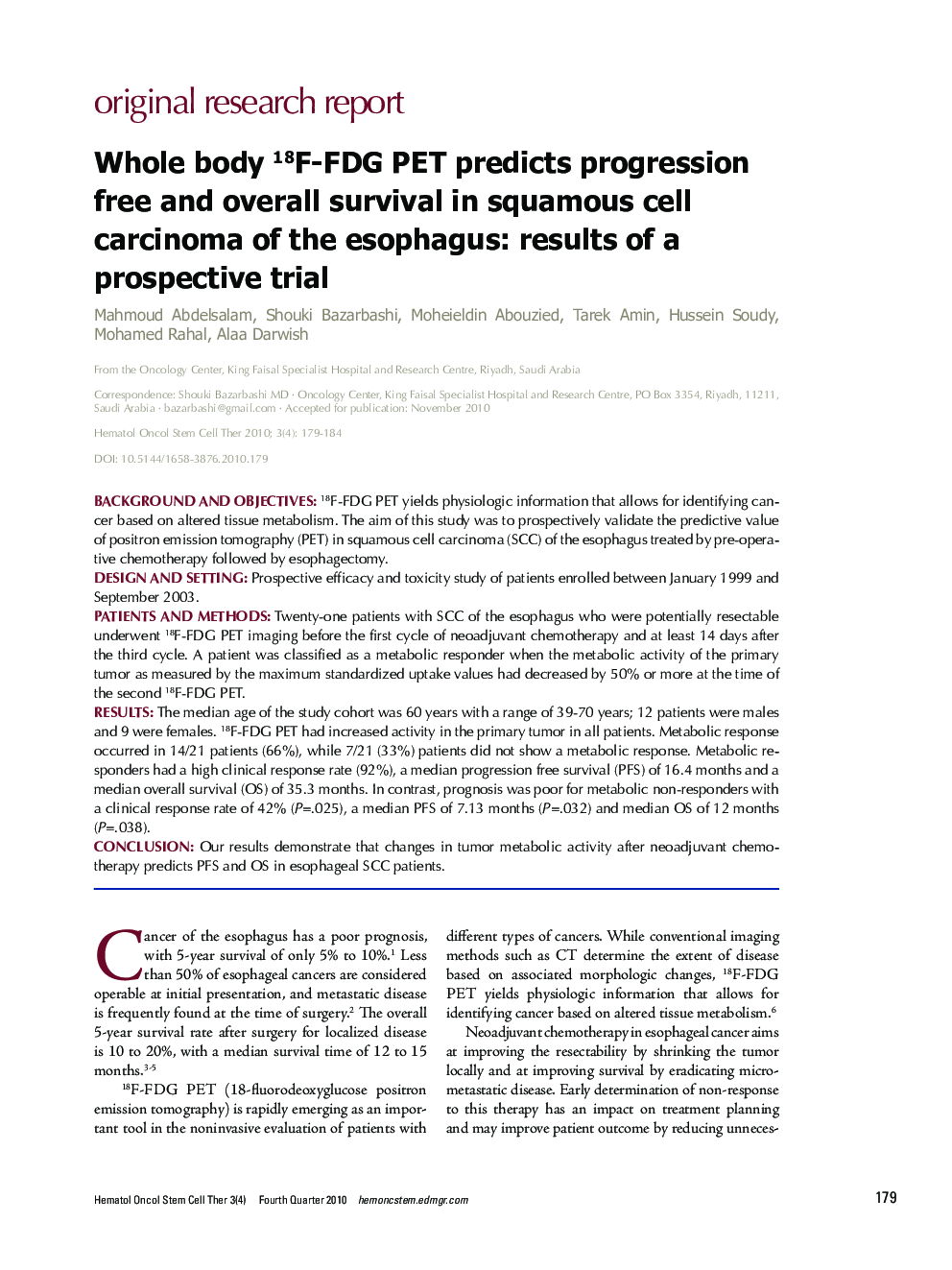 Whole body 18F-FDG PET predicts progression free and overall survival in squamous cell carcinoma of the esophagus: results of a prospective trial