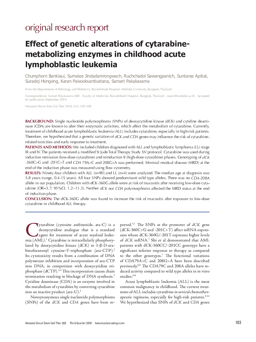 Effect of genetic alterations of cytarabine-metabolizing enzymes in childhood acute lymphoblastic leukemia