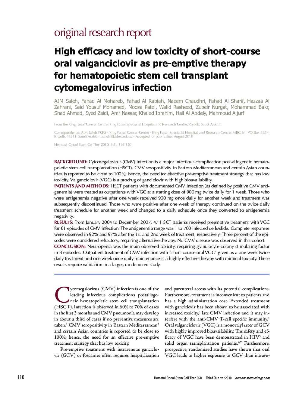 High efficacy and low toxicity of short-course oral valganciclovir as pre-emptive therapy for hematopoietic stem cell transplant cytomegalovirus infection