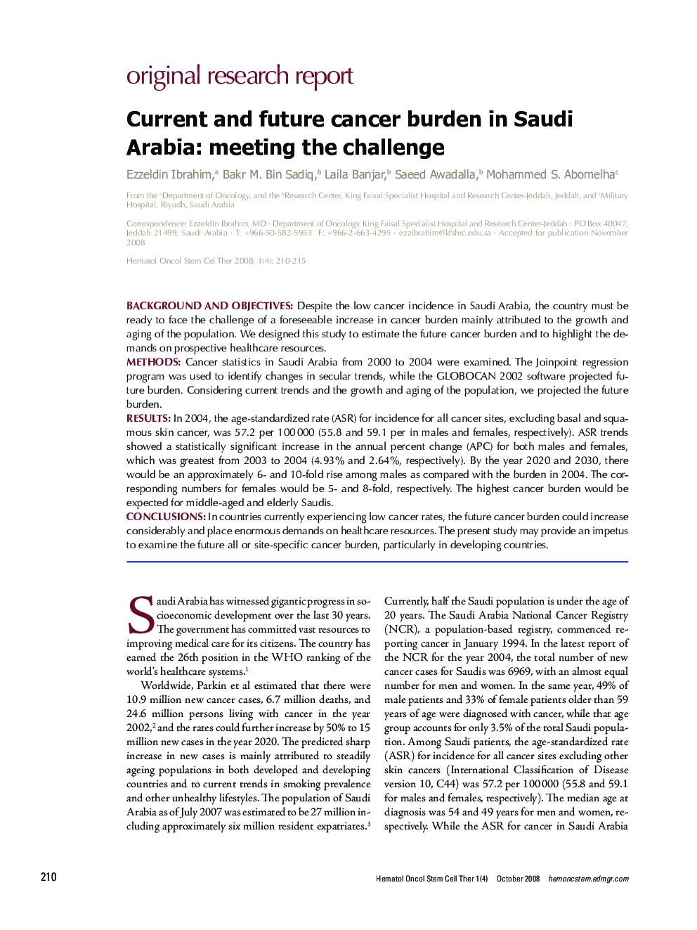 Current and future cancer burden in Saudi Arabia: meeting the challenge