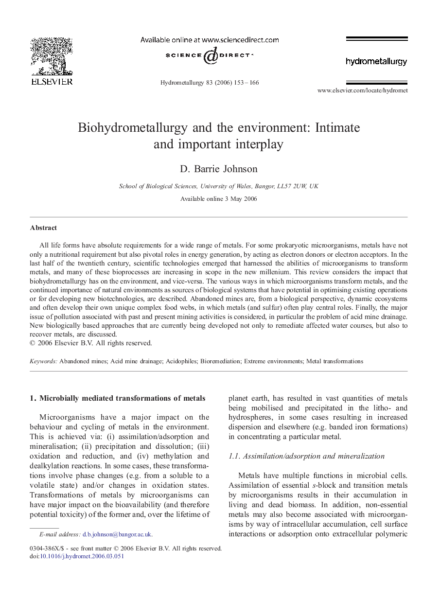 Biohydrometallurgy and the environment: Intimate and important interplay