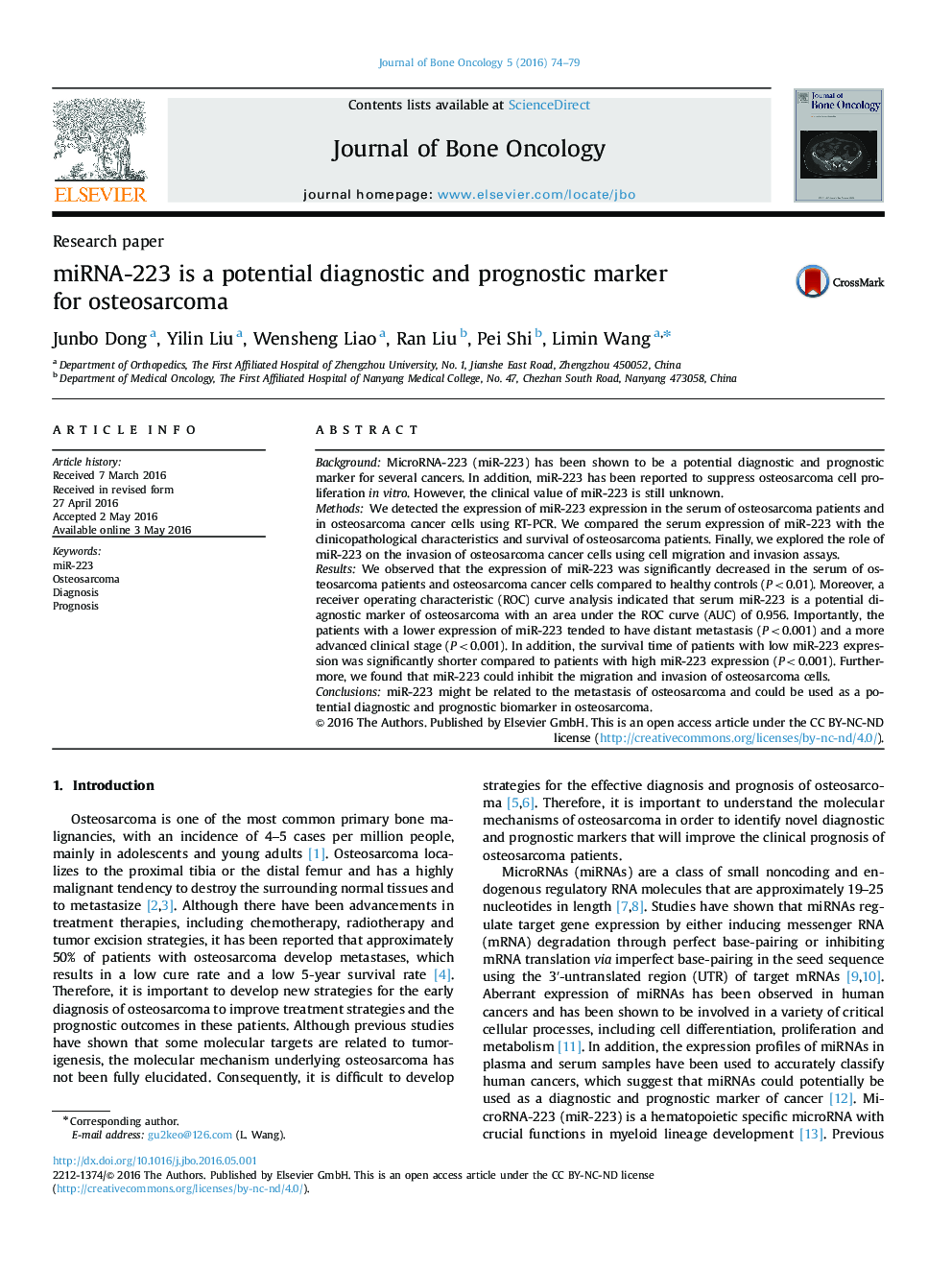 miRNA-223 is a potential diagnostic and prognostic marker for osteosarcoma