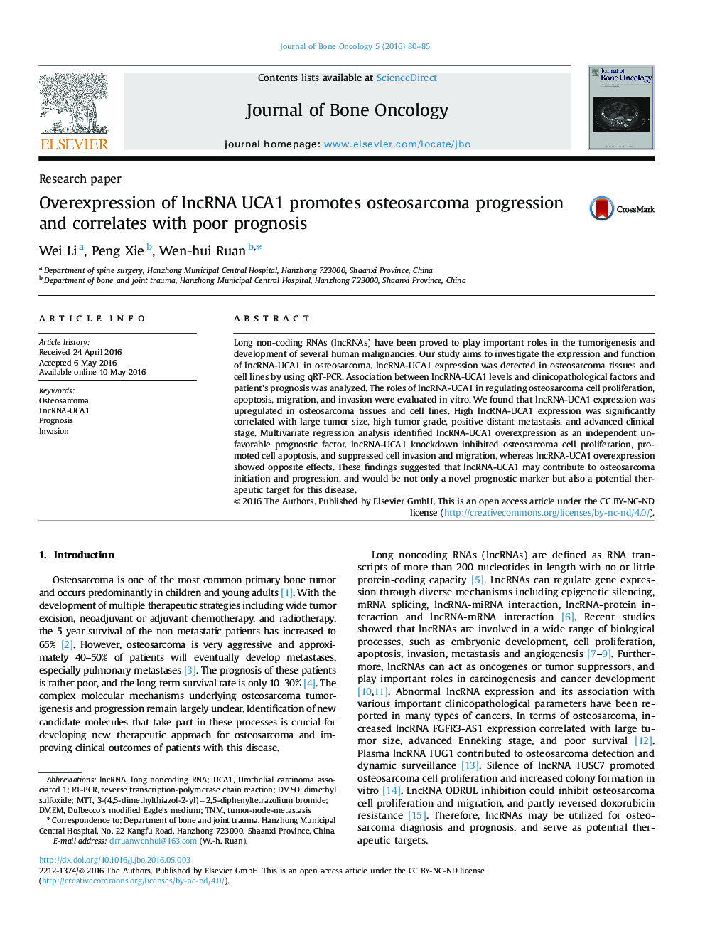 Overexpression of lncRNA UCA1 promotes osteosarcoma progression and correlates with poor prognosis