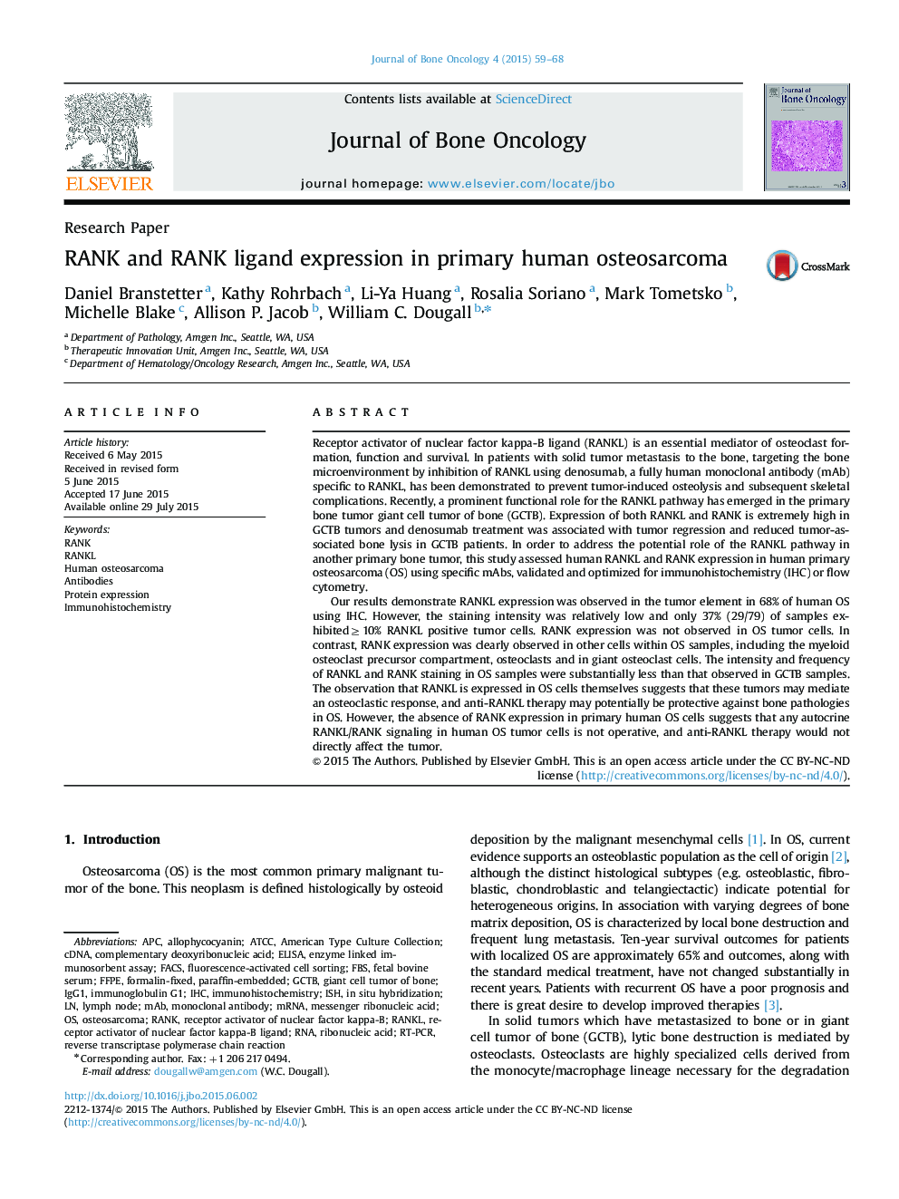 RANK and RANK ligand expression in primary human osteosarcoma