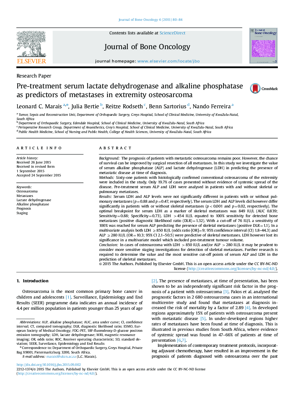 Pre-treatment serum lactate dehydrogenase and alkaline phosphatase as predictors of metastases in extremity osteosarcoma